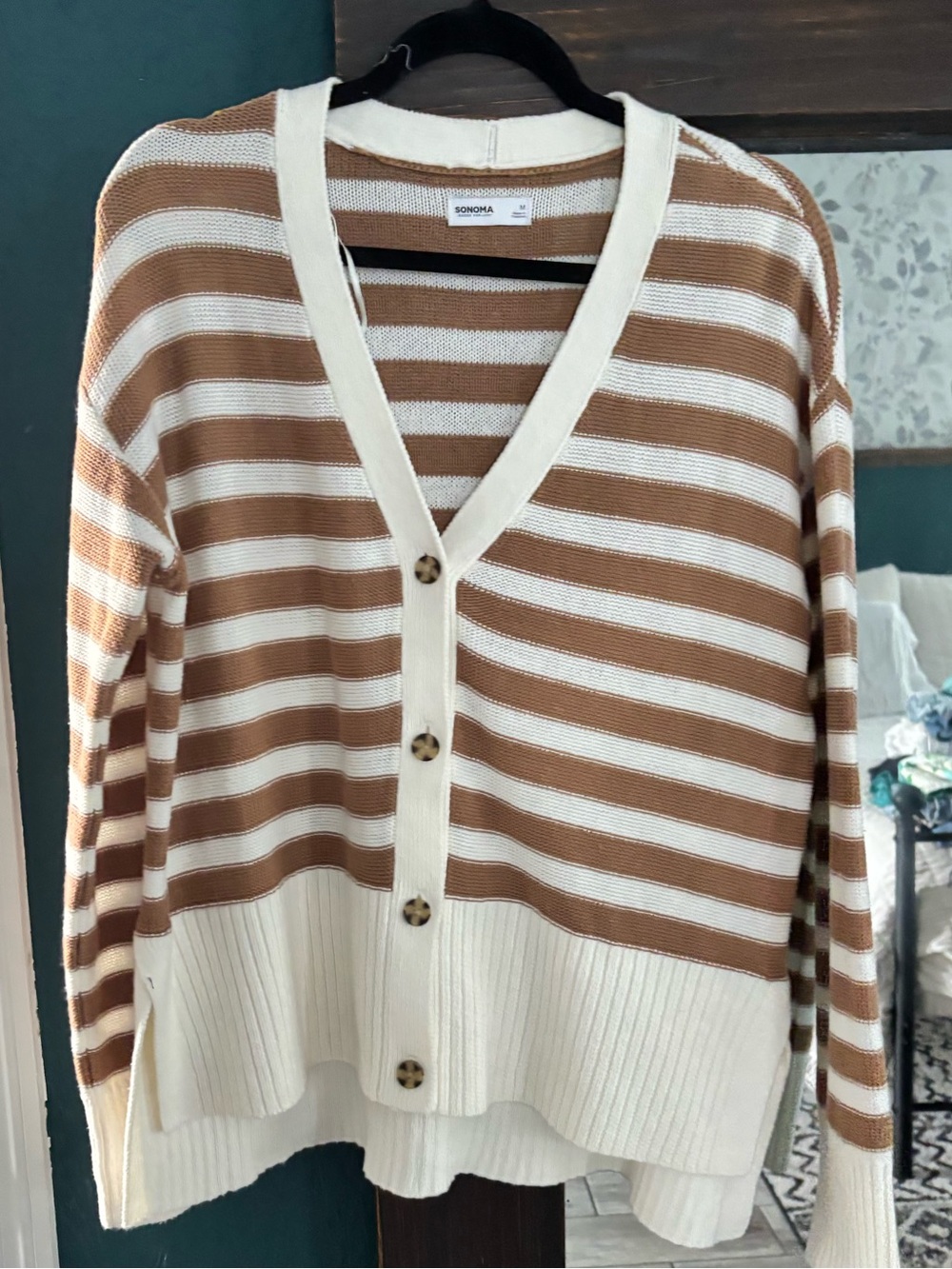 Sonoma Cream and Brown Striped V-Neck Button Cardigan